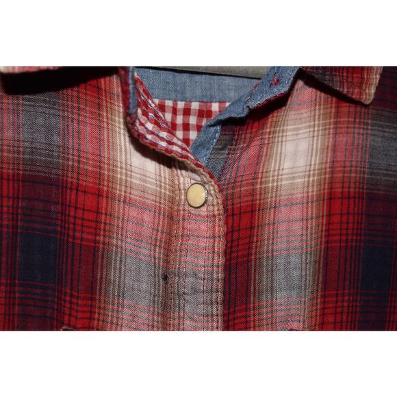 FLAG & ANTHEM $80 Red‎ Navy Plaid Pearl Snap Long Sleeve Shirt Men's Medium - Picture 3 of 4
